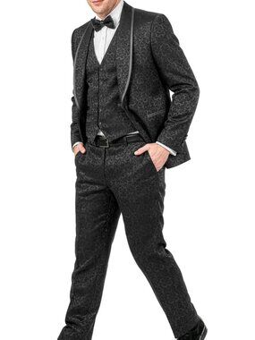Black Paisley Shawl Lapel w/ Trim Piping 3 Piece Men's Fashion Suit